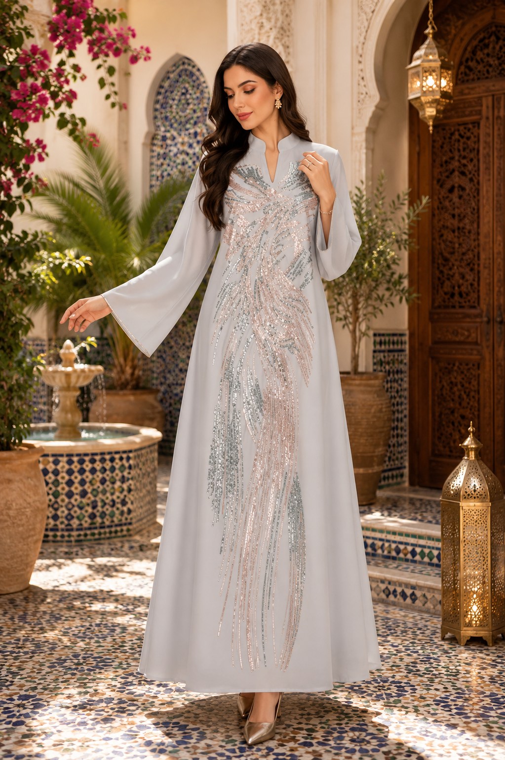 Plume Sequin Abaya | Beaded V-Neck