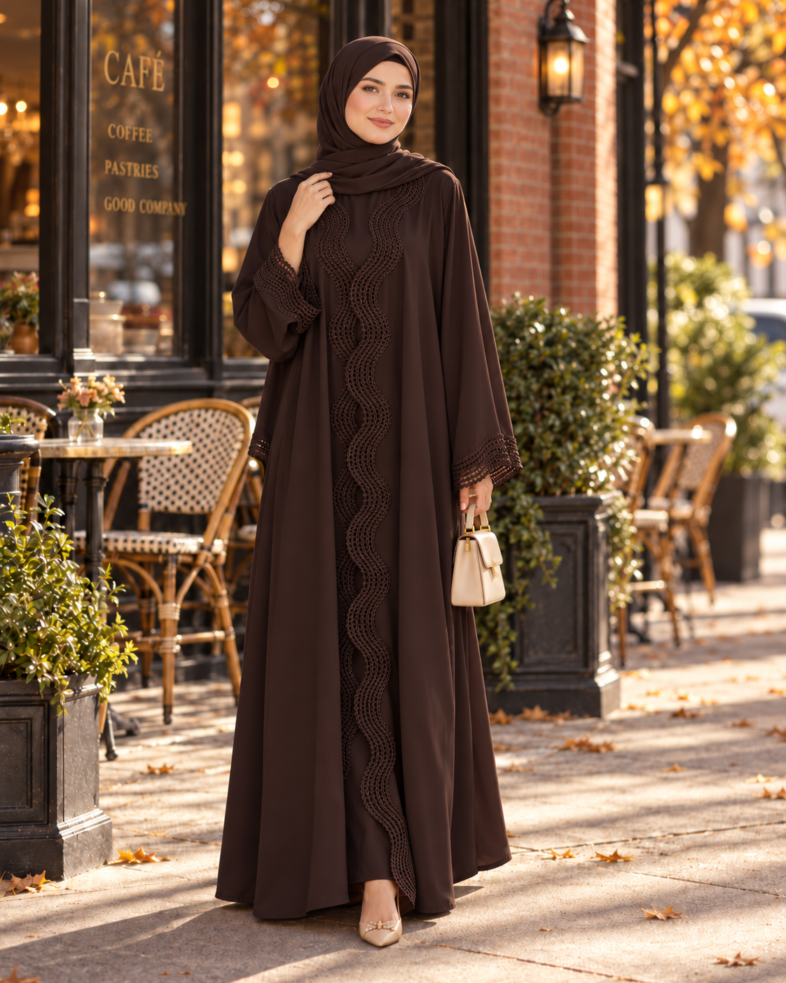 Noura Wave Lace Open Abaya Set | 2-Piece