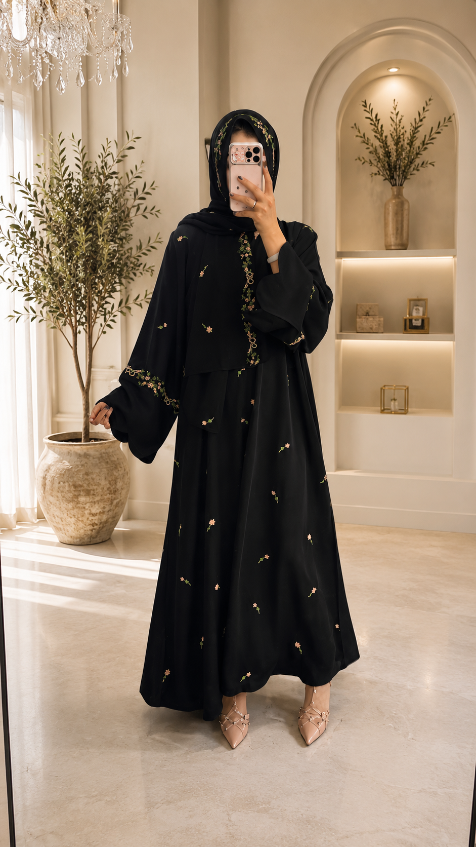 Rosette Embroidered Open Abaya Set | Hijab Included