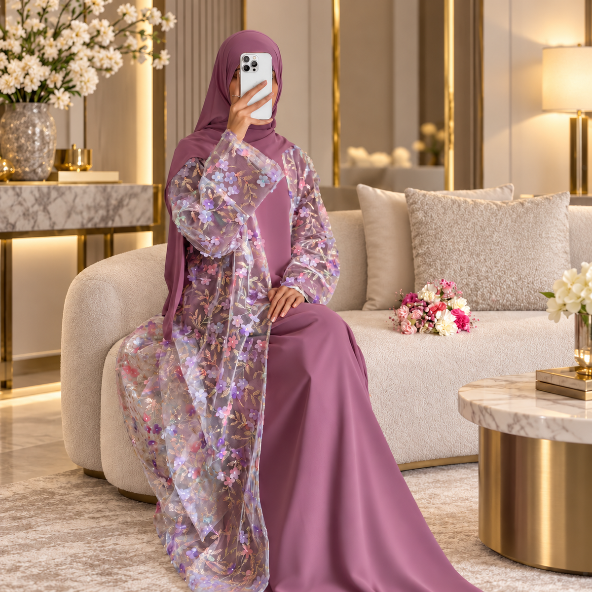 Rosalind Floral Lace Abaya Set | 3-Piece