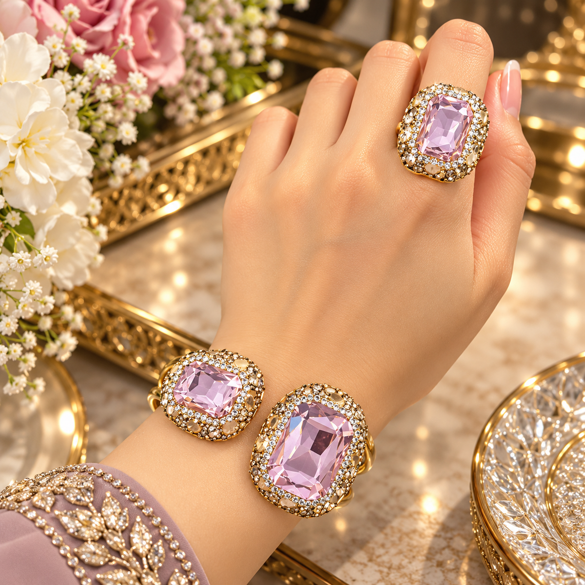 Jewel Crystal Cuff Bangle & Ring Set