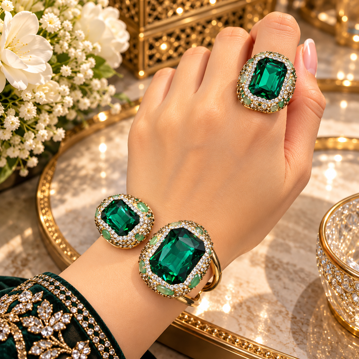 Jewel Crystal Cuff Bangle & Ring Set