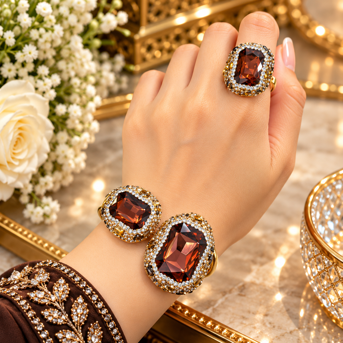 Jewel Crystal Cuff Bangle & Ring Set