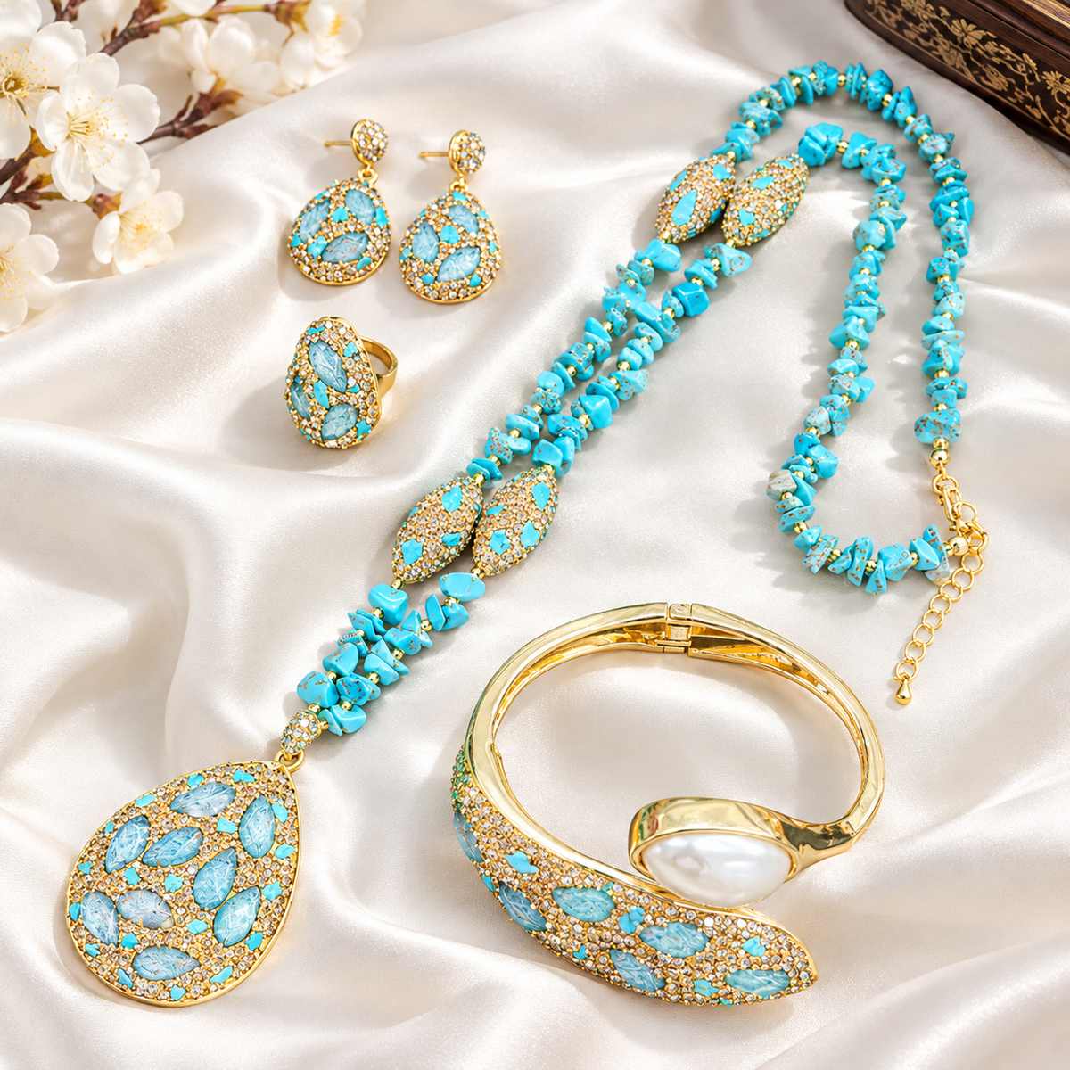 Lulu Teardrop Stone & Pearl Jewelry Set