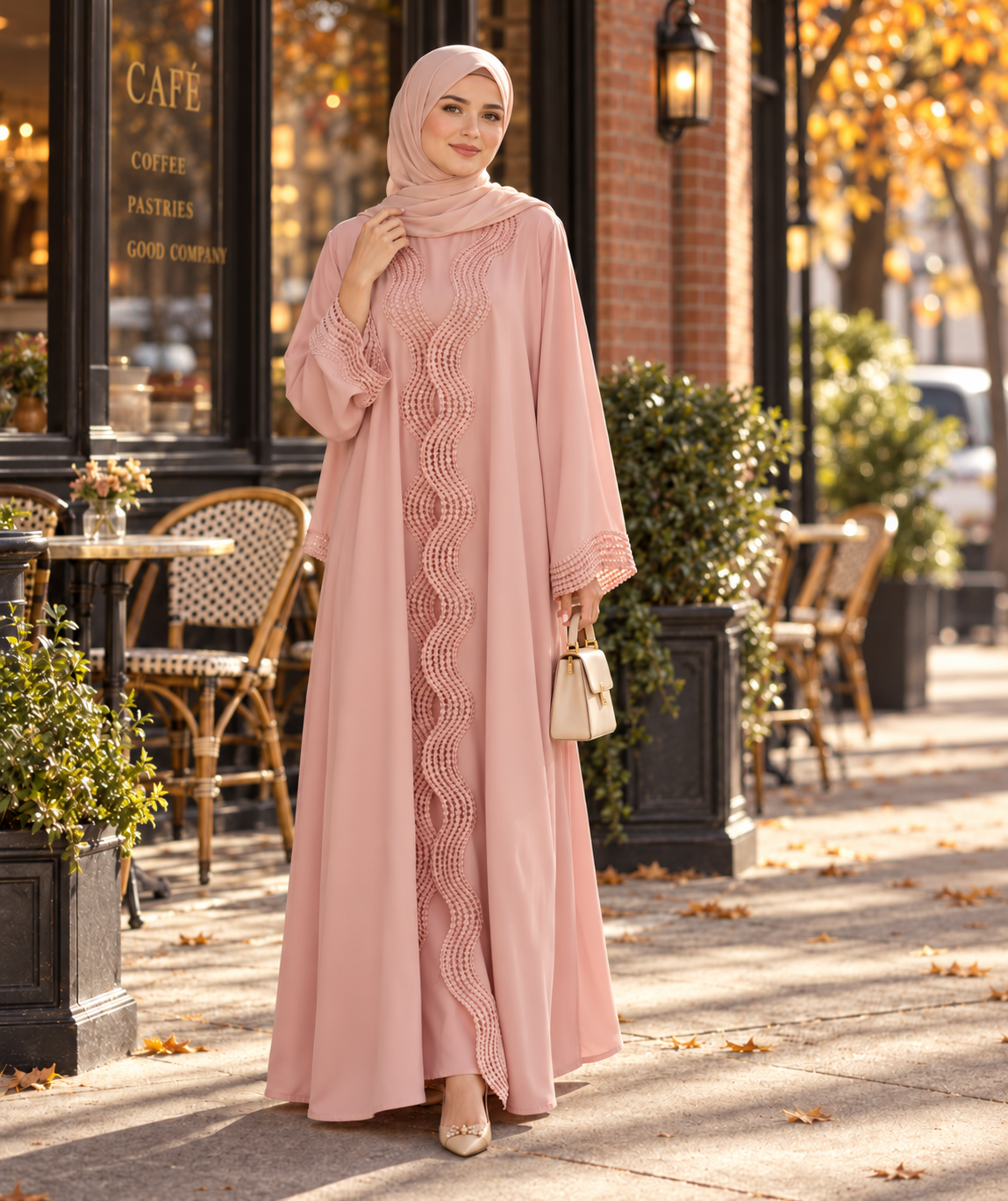 Noura Wave Lace Open Abaya Set | 2-Piece