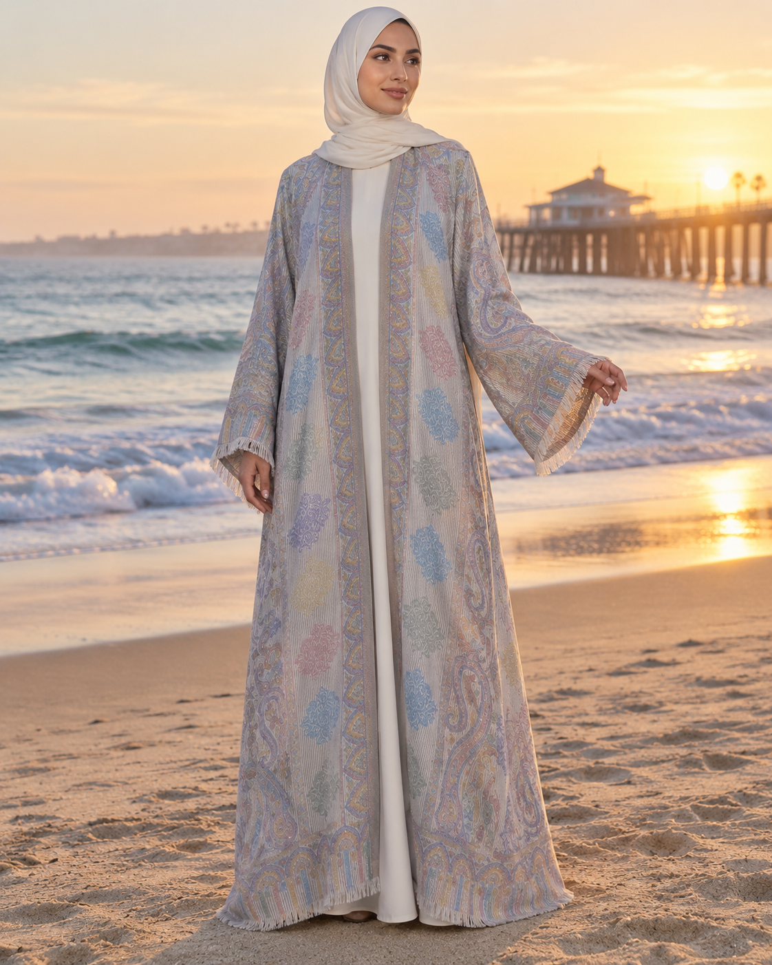 Serene Pashmina Jacquard Open Abaya Set | Hijab Included