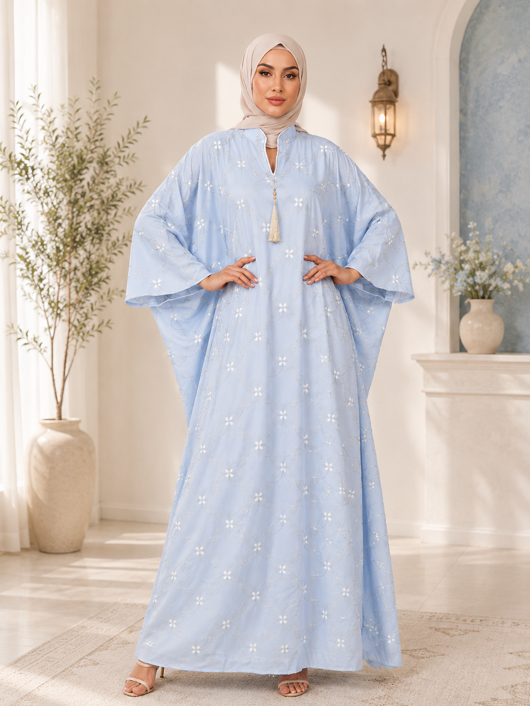 Noor Bloom Embroidered Kaftan — Butterfly Sleeve | All-Over Floral Embroidery | Gold Tassel
