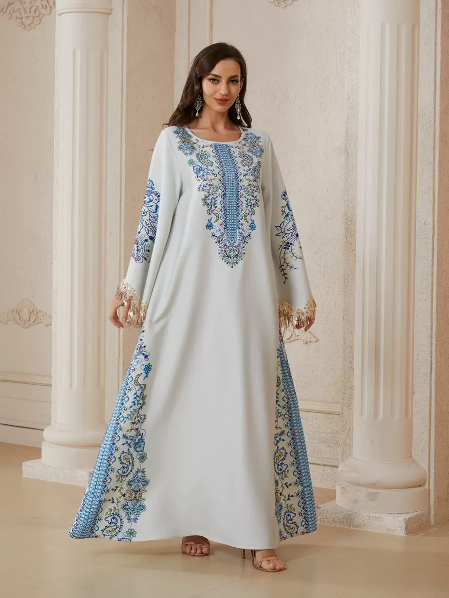 White and blue floral print abaya, front view