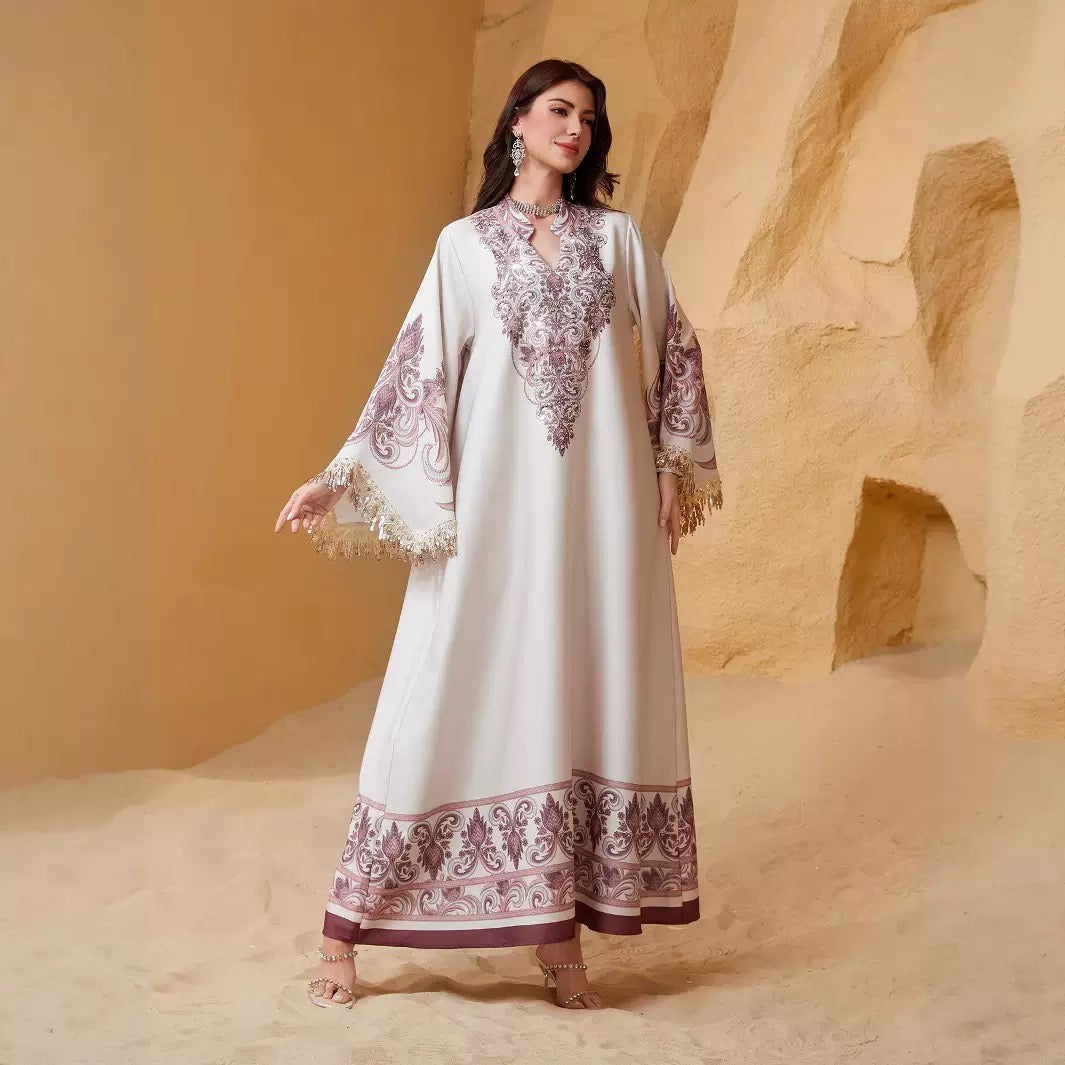 White and mauve damask print abaya with V-neck and sequin fringe sleeves