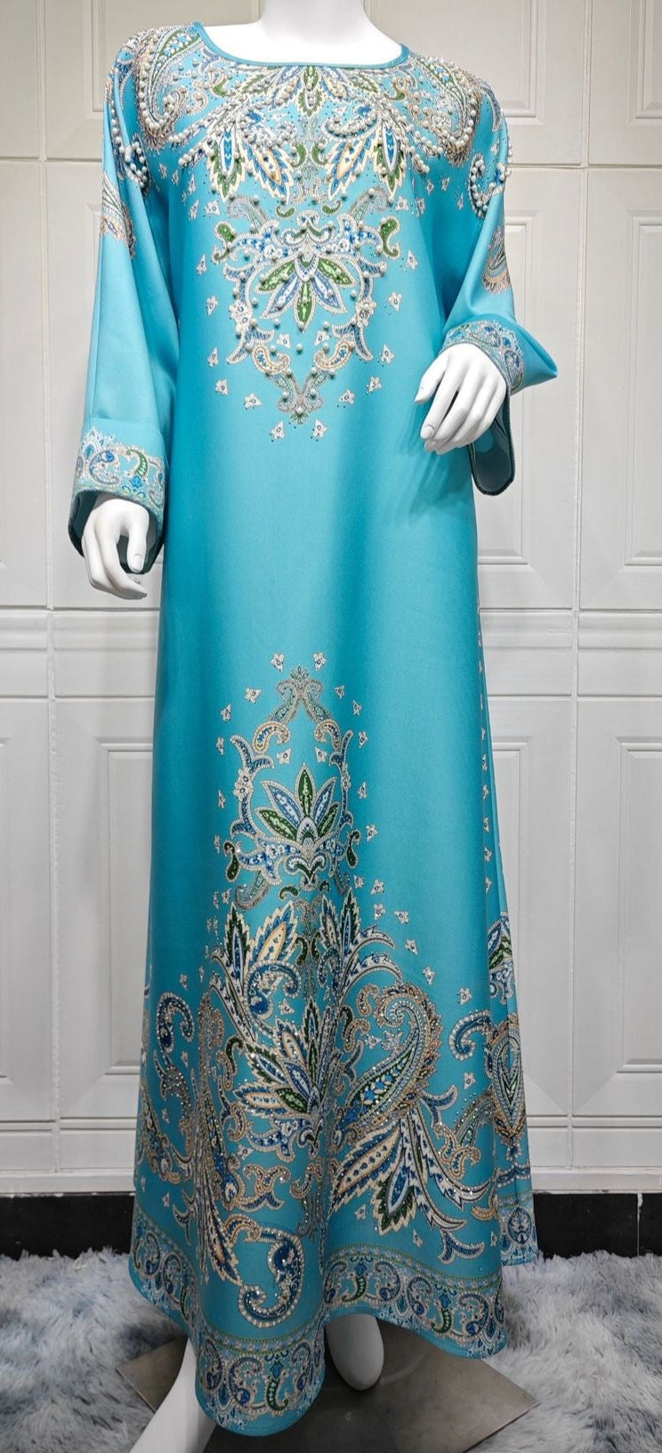 Majestic Paisley Print Abaya – Elegant Modest Dress for Eid & Ramadan (K9)