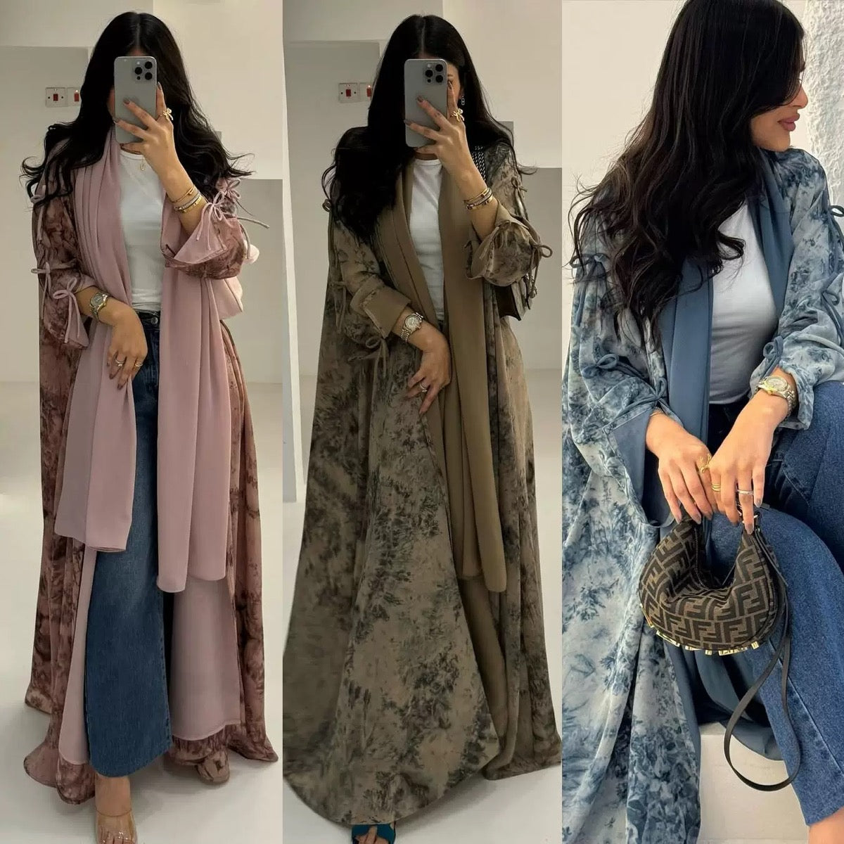 Toile Blossom Open Abaya Set — Matching Hijab Included | Botanical Print | Ribbon Tie Sleeves