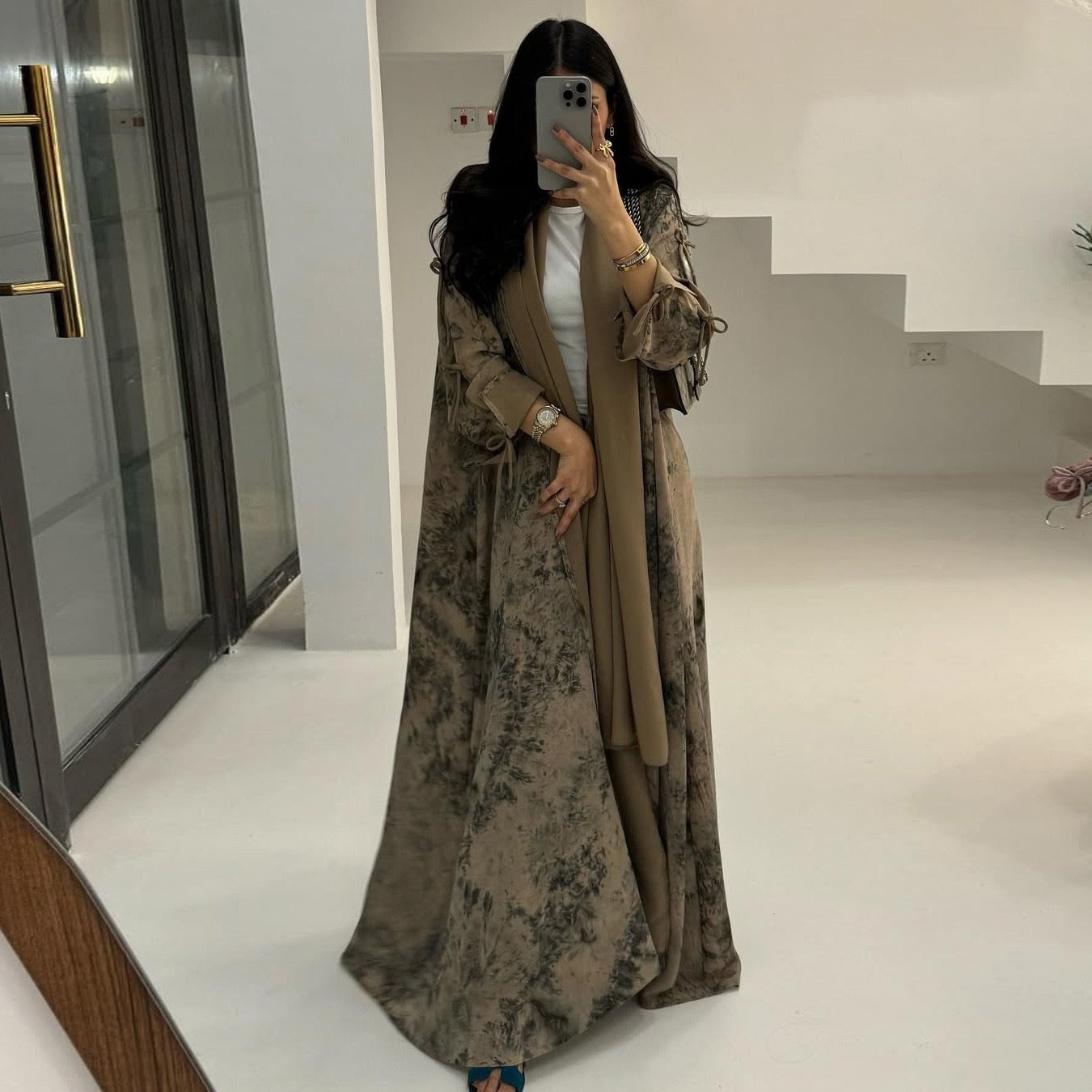 Toile Blossom Open Abaya Set — Matching Hijab Included | Botanical Print | Ribbon Tie Sleeves