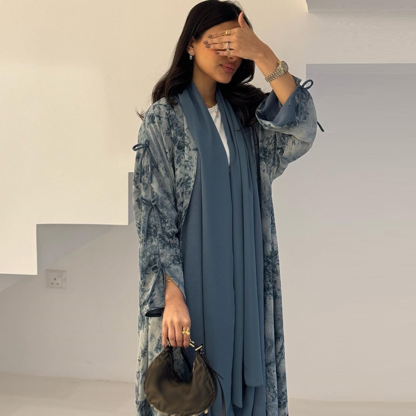 Toile Blossom Open Abaya Set — Matching Hijab Included | Botanical Print | Ribbon Tie Sleeves