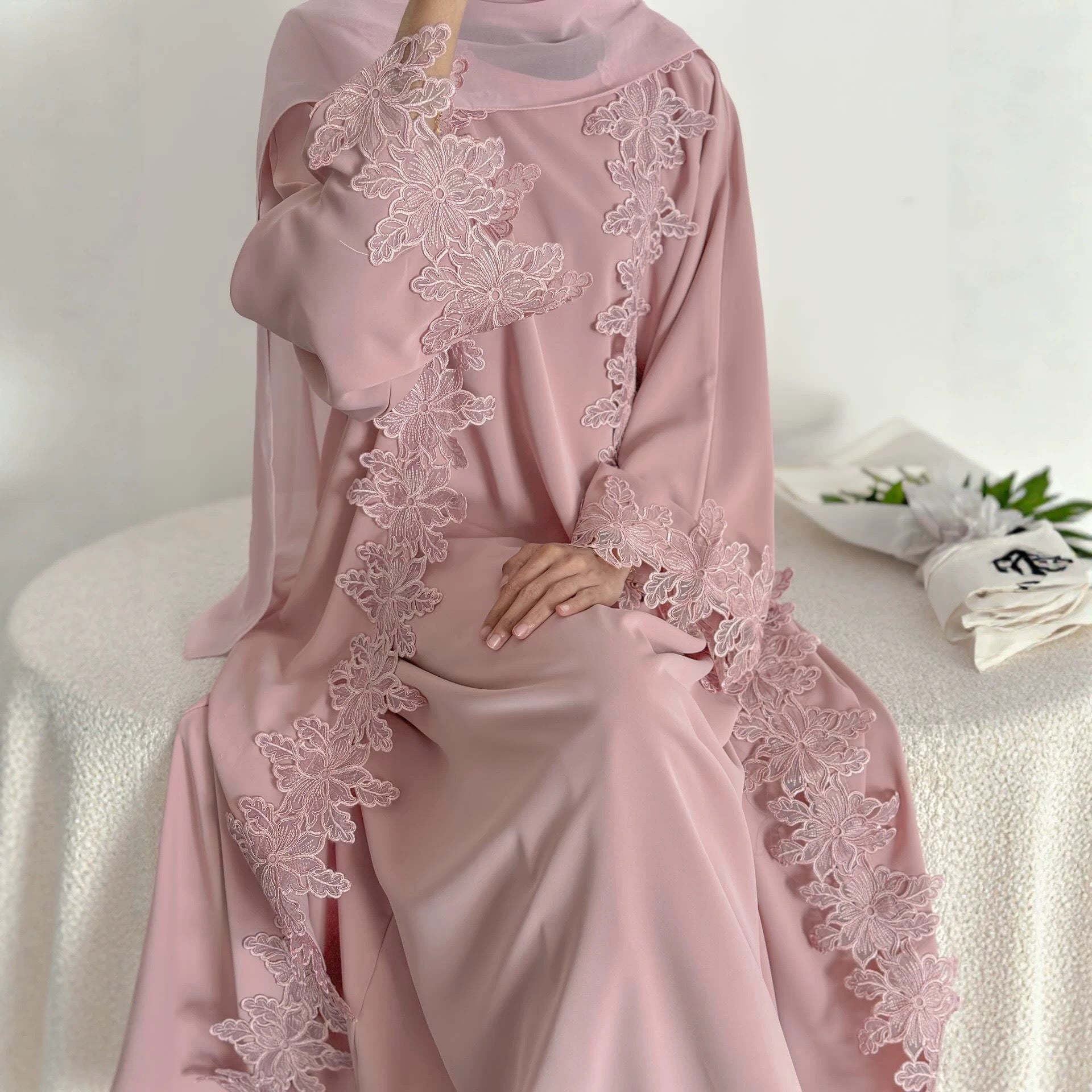 Rosalie Lace Open Abaya Set | Inner Dress
