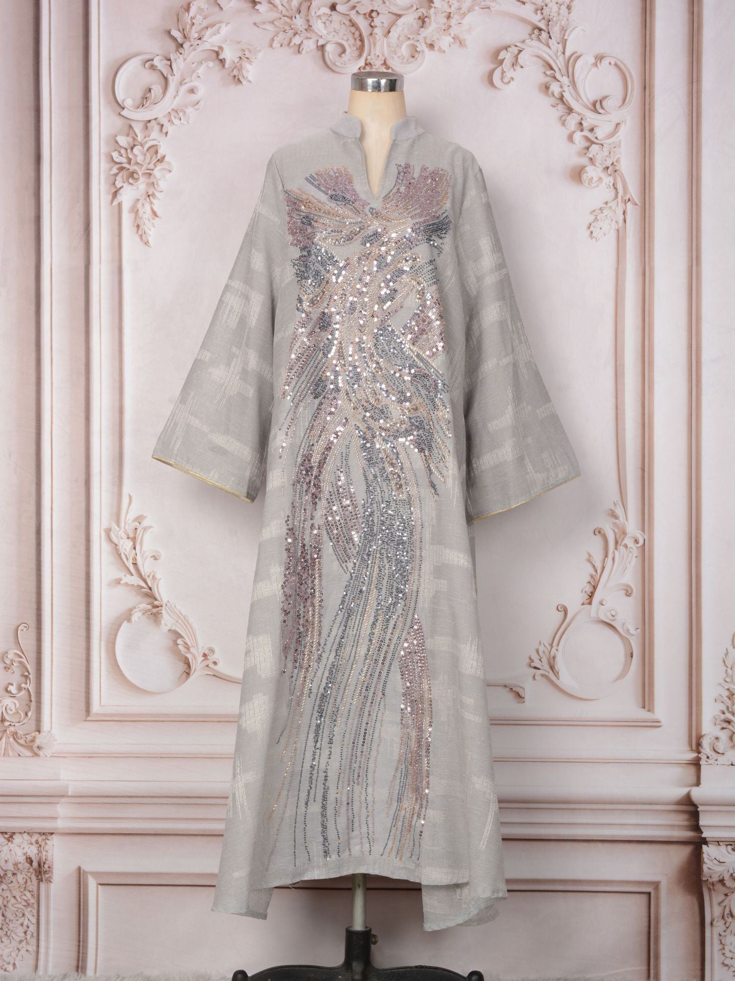 Plume Sequin Abaya | Beaded V-Neck