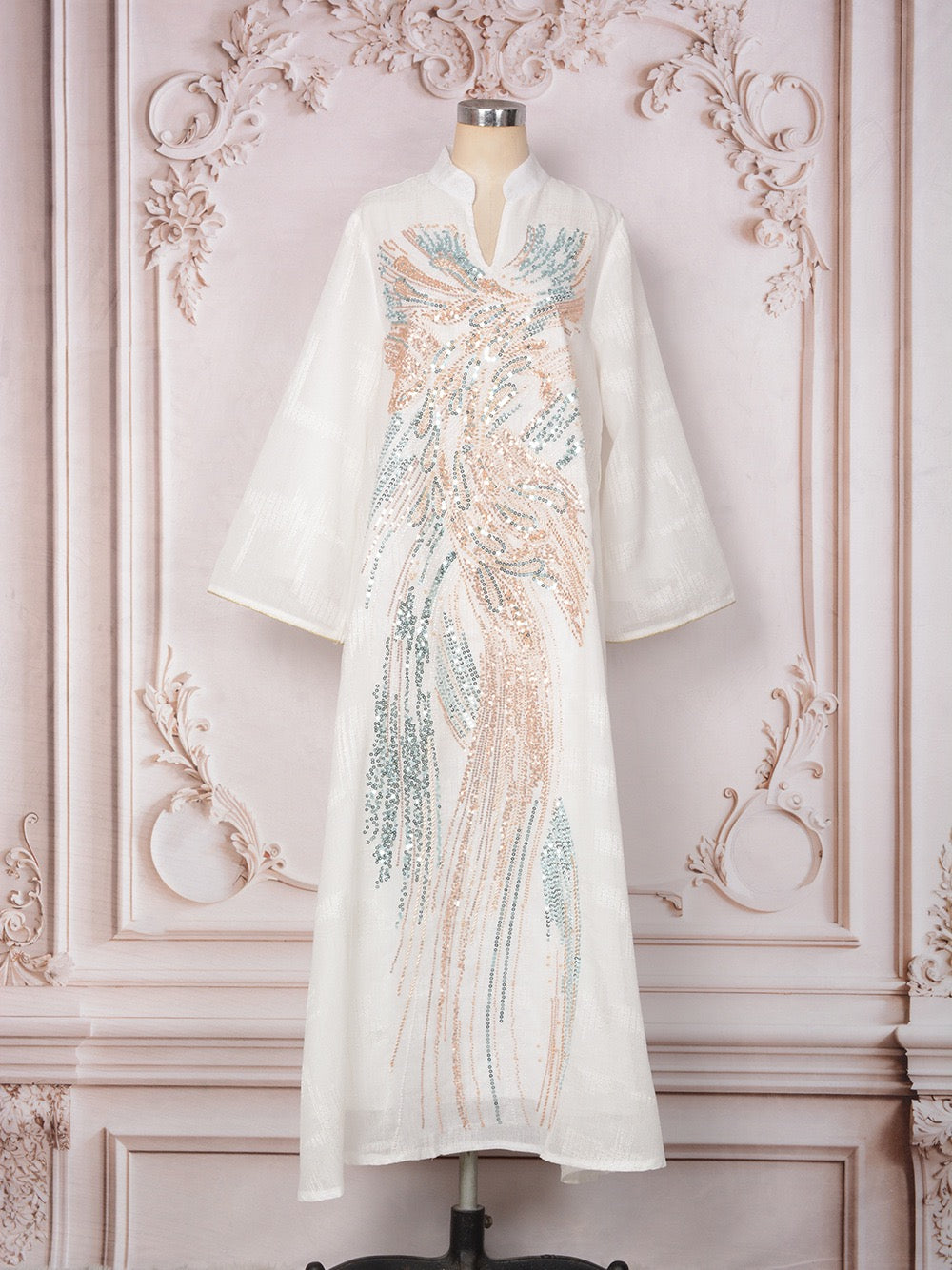 Plume Sequin Abaya | Beaded V-Neck