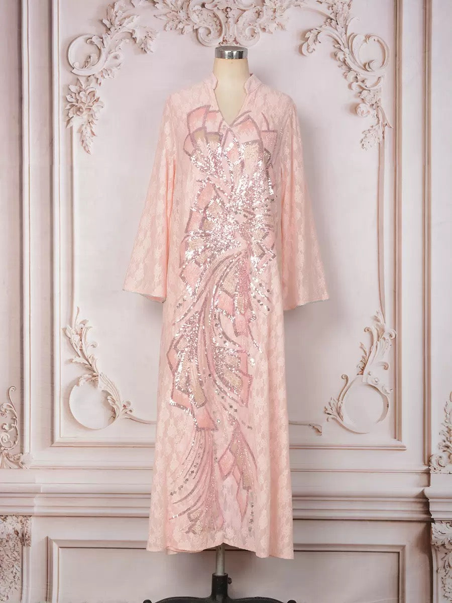 Plume Sequin Abaya | Beaded V-Neck