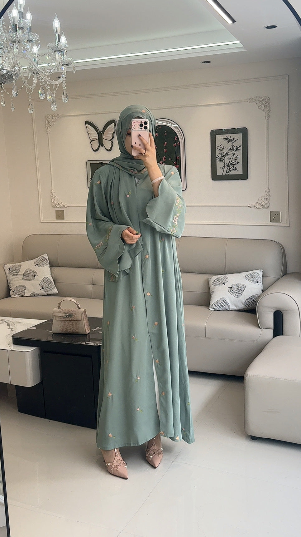 Rosette Embroidered Open Abaya Set | Hijab Included
