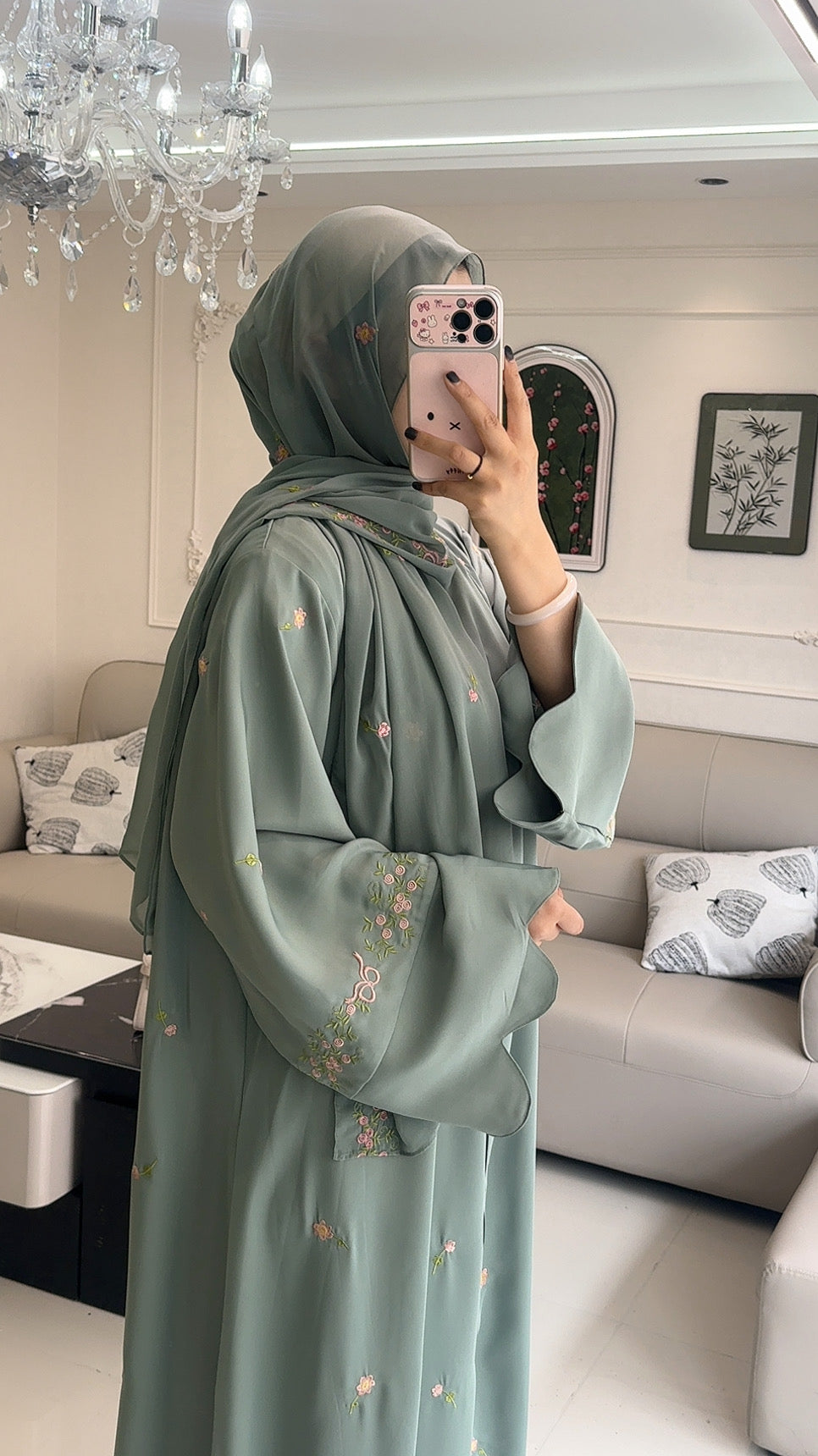 Rosette Embroidered Open Abaya Set | Hijab Included