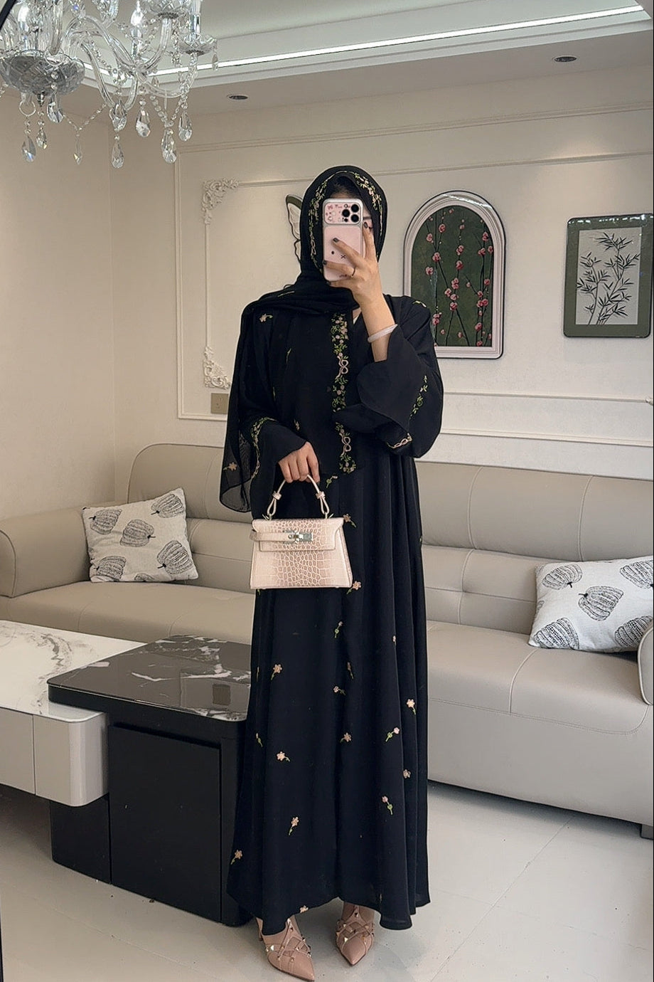 Rosette Embroidered Open Abaya Set | Hijab Included