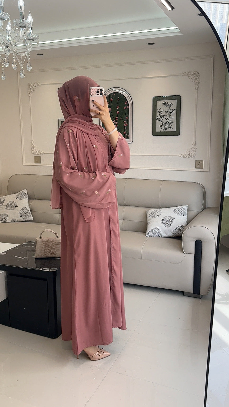 Rosette Embroidered Open Abaya Set | Hijab Included
