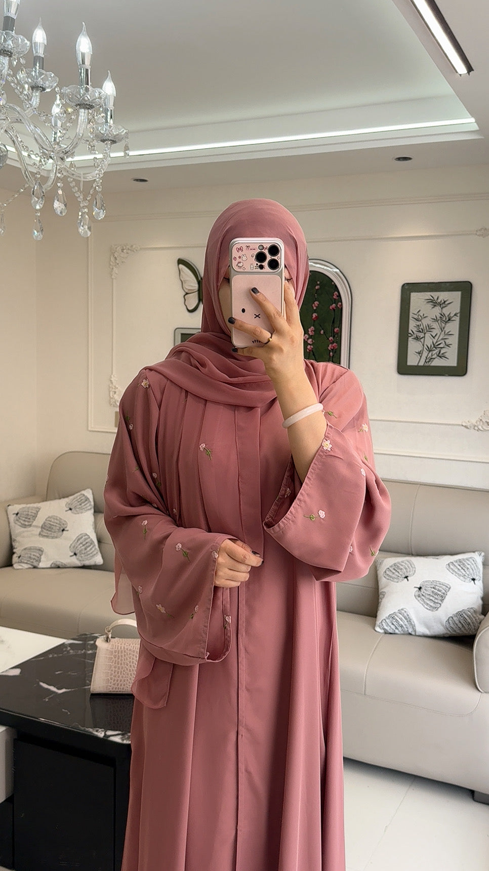 Rosette Embroidered Open Abaya Set | Hijab Included