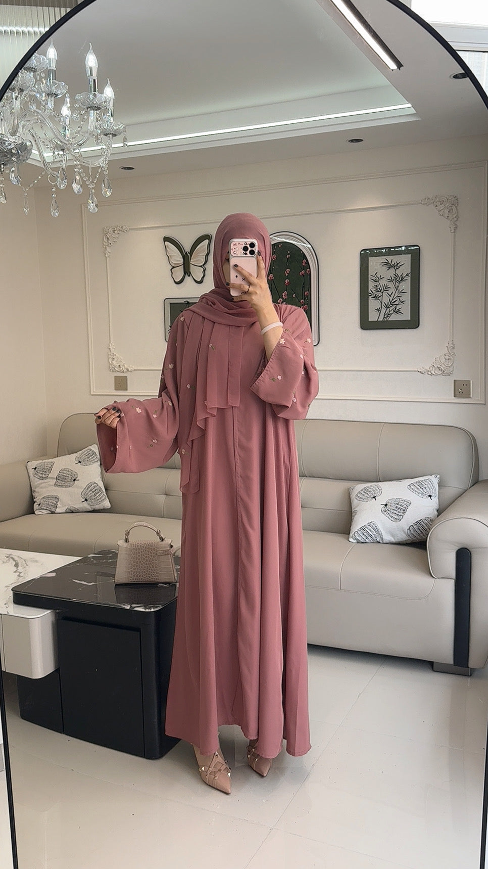 Rosette Embroidered Open Abaya Set | Hijab Included