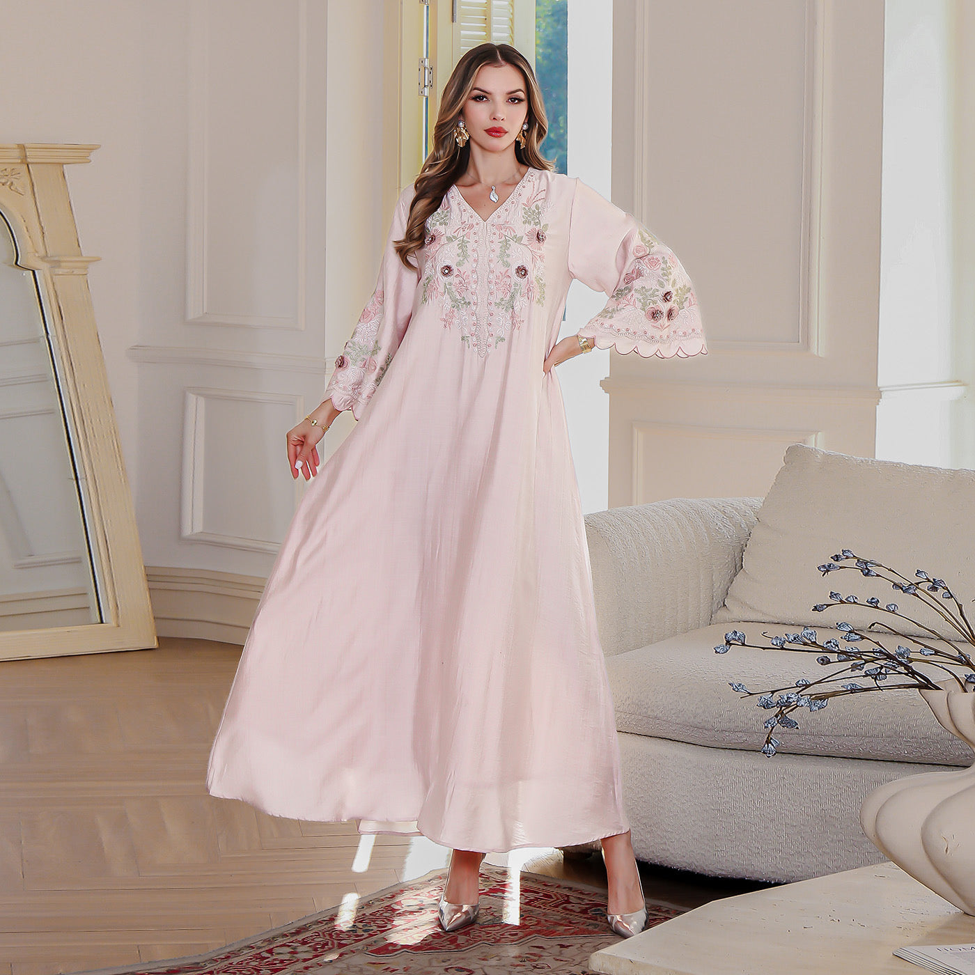 Sakura Glow Embroidered Abaya– Eid & Ramadan Modest Long Dress (LX04)