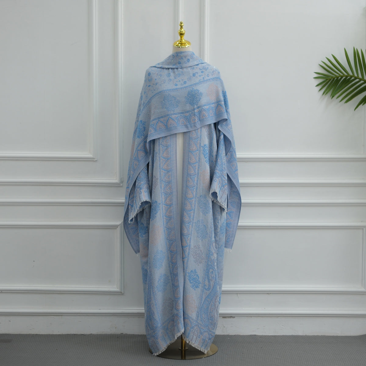 Serene Pashmina Jacquard Open Abaya Set | Hijab Included