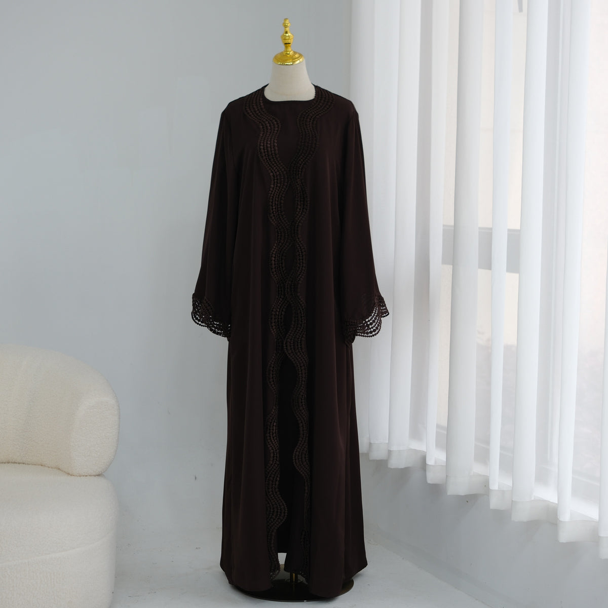 Noura wave lace open abaya set in Espresso
