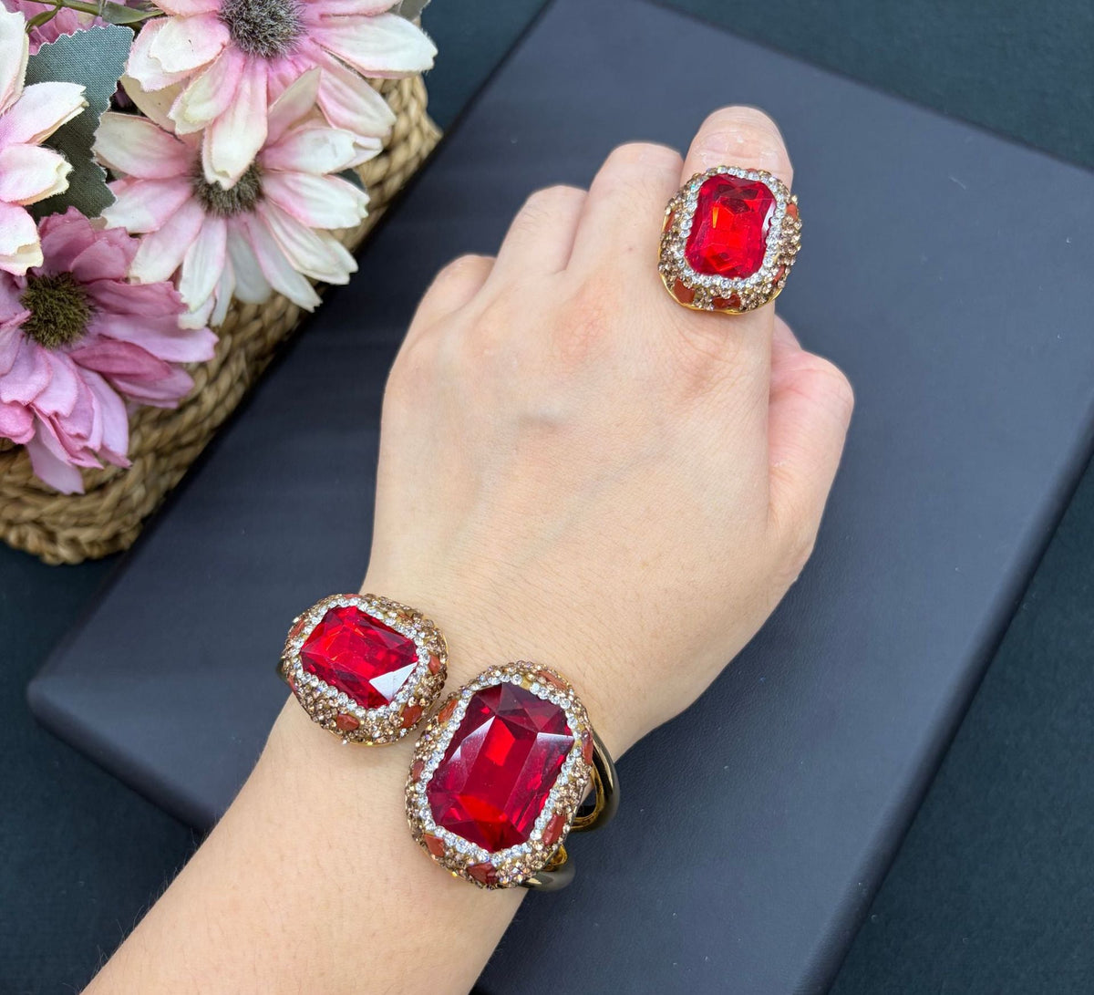 Crystal cuff bangle and ring set