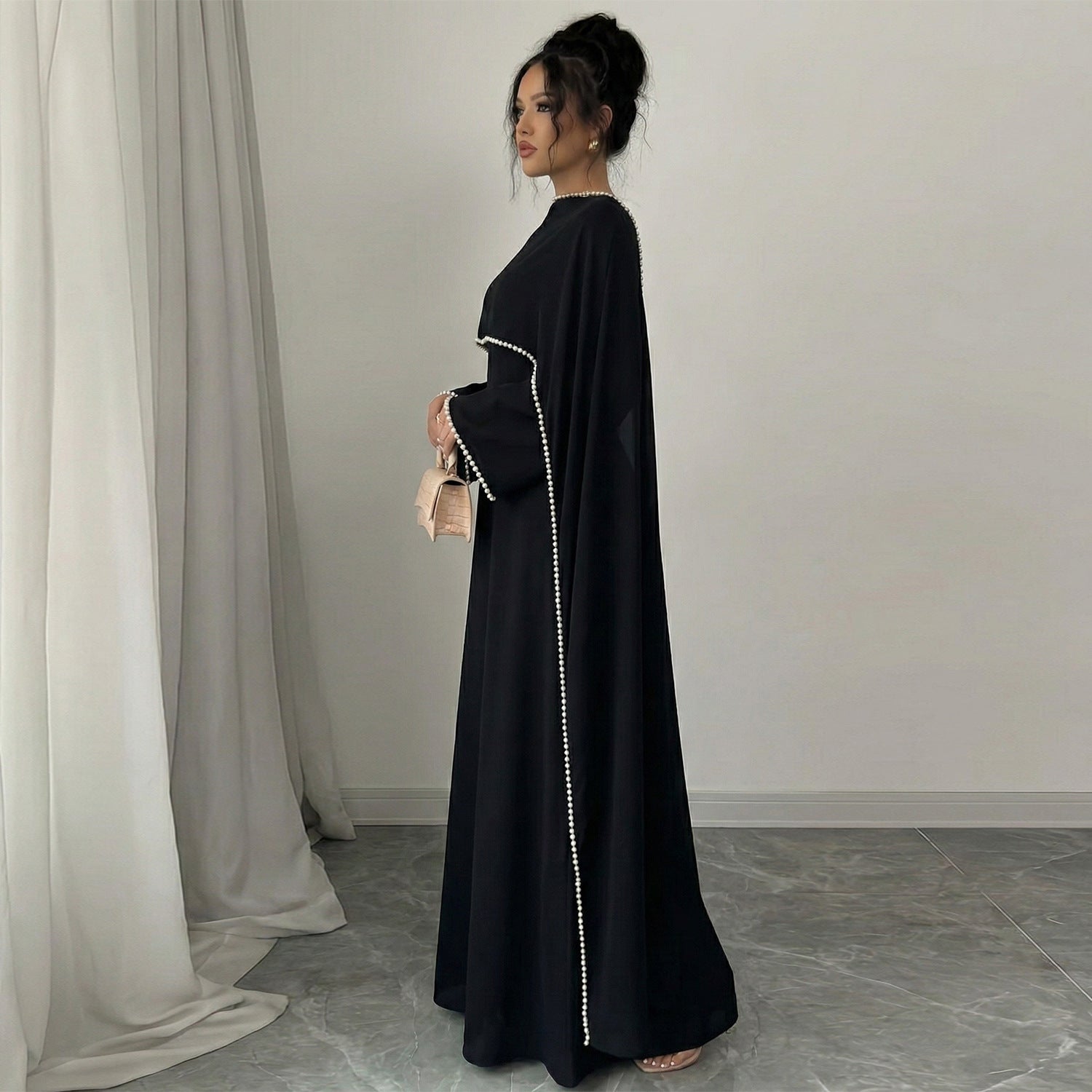 Pearl Trim Cape Abaya-Eid & Ramadan Modest Long Dress (LX089)