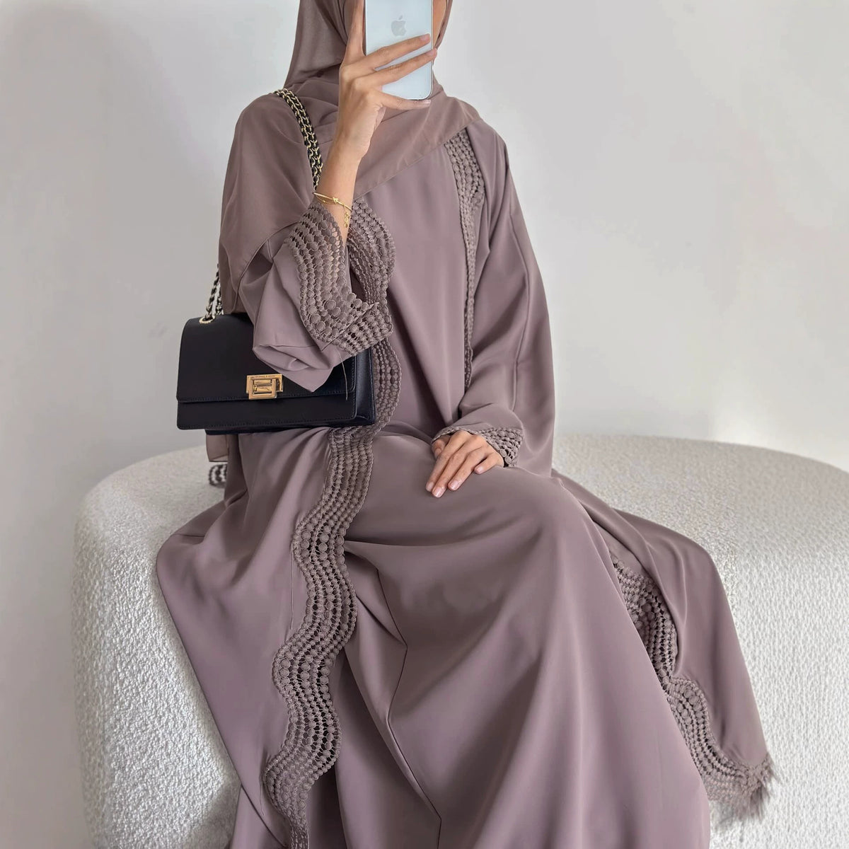 Noura wave lace open abaya set in Mauve