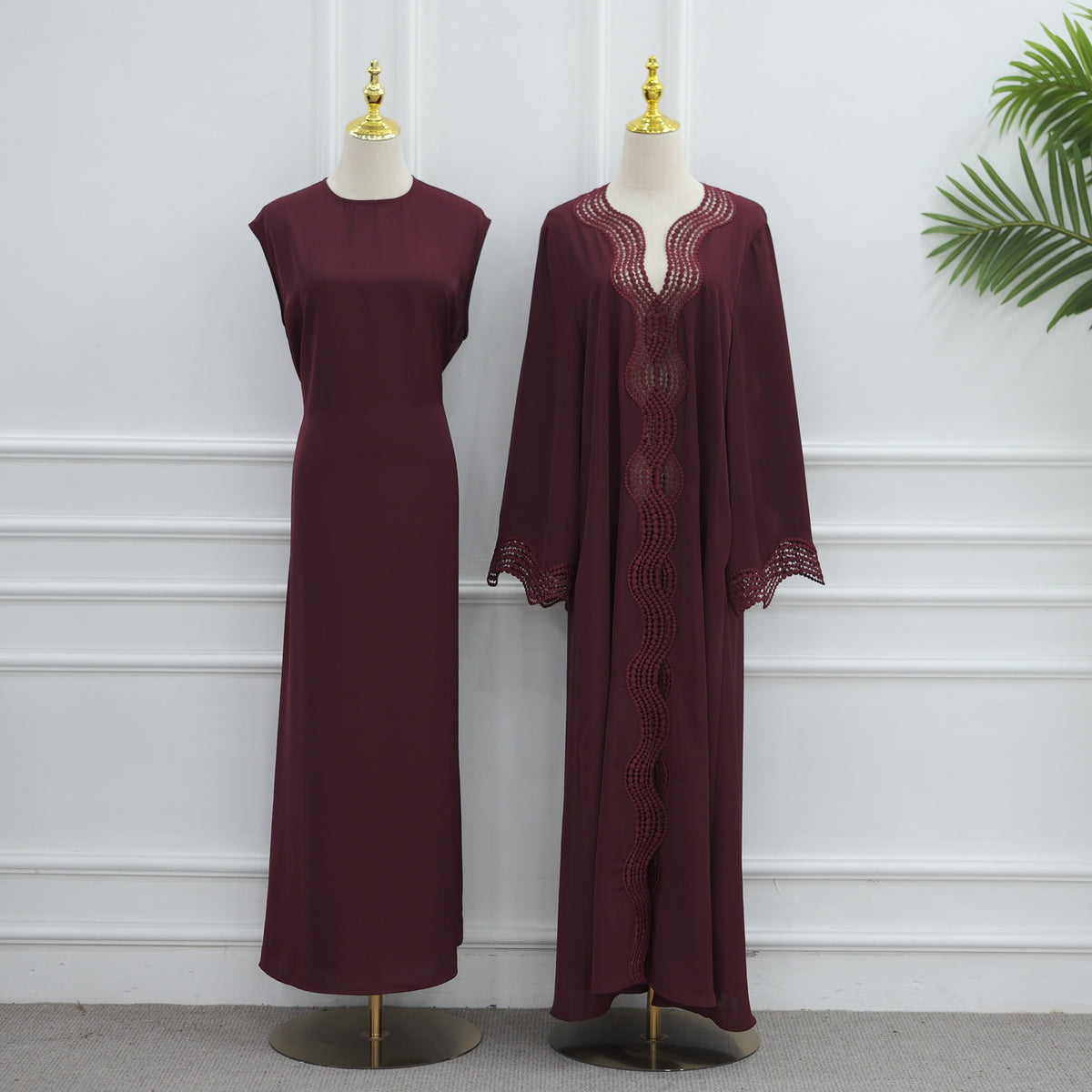 Noura wave lace open abaya set in Wine