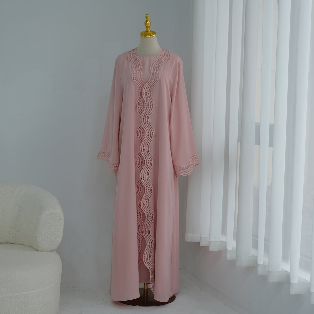 Noura wave lace open abaya set in Blush Pink