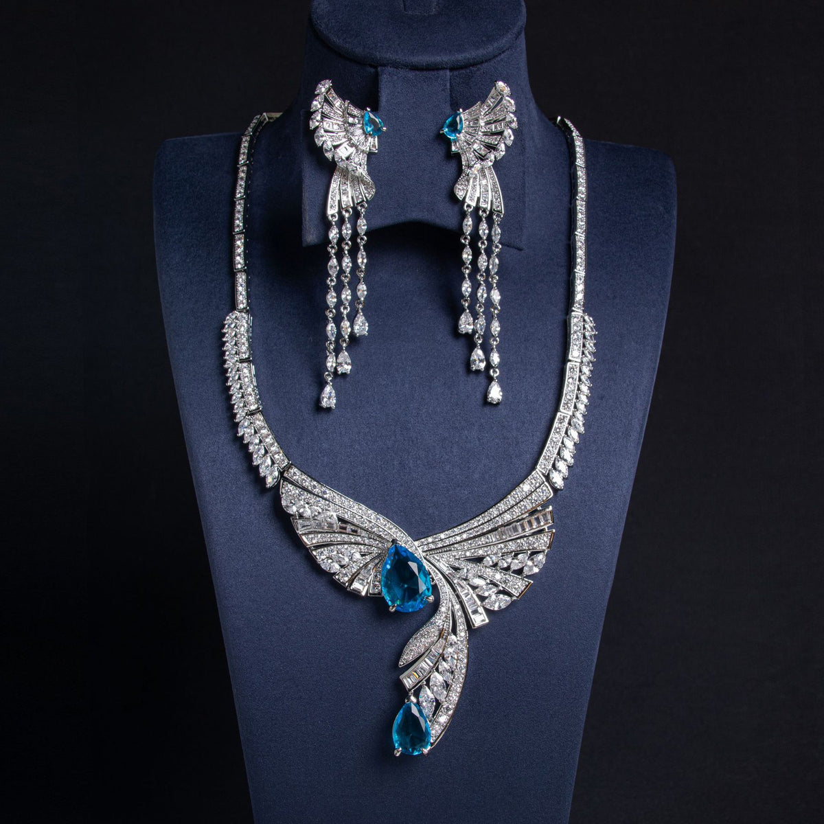 Rania wing tassel bridal set, silver with ocean-blue stone