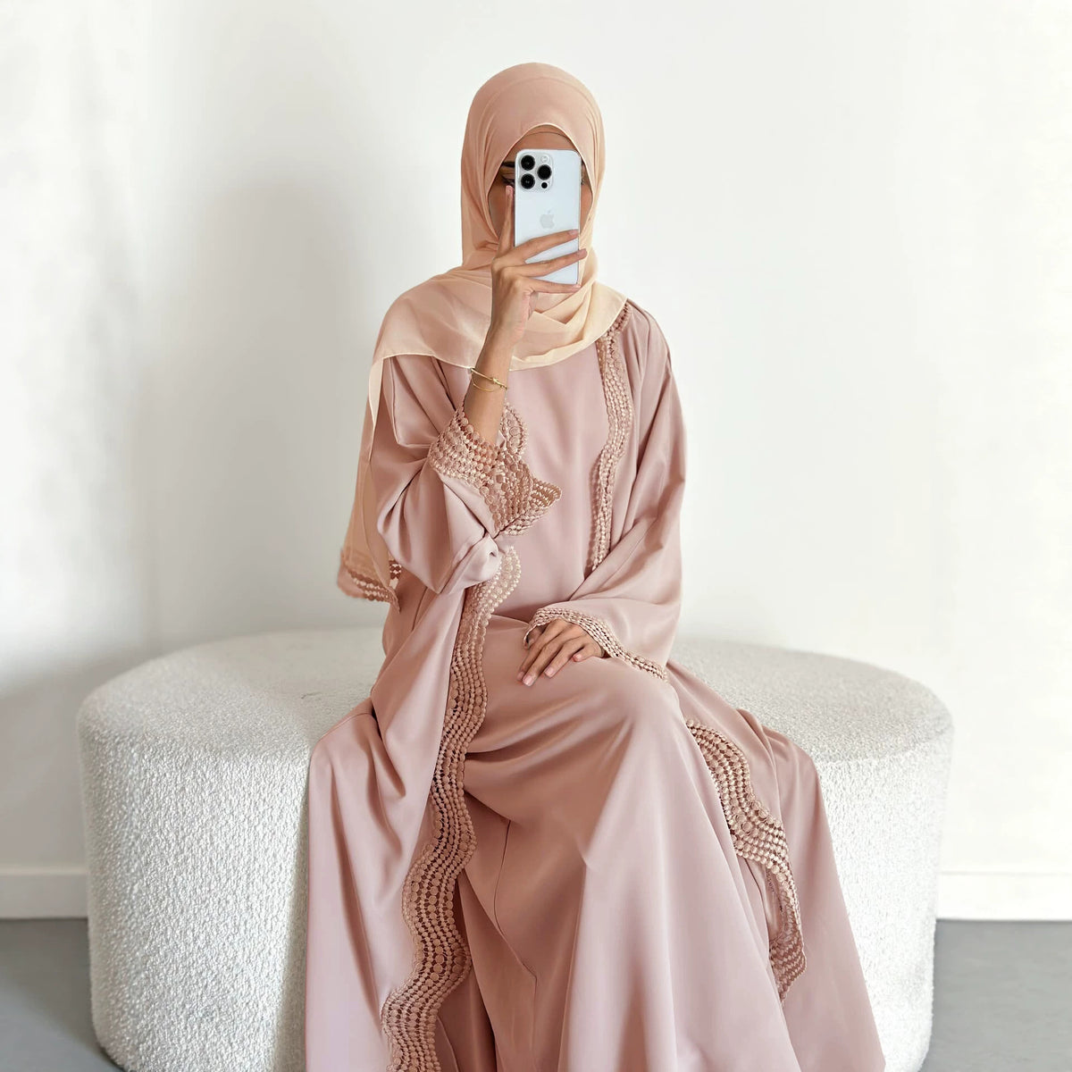 Noura wave lace open abaya set in Blush Pink