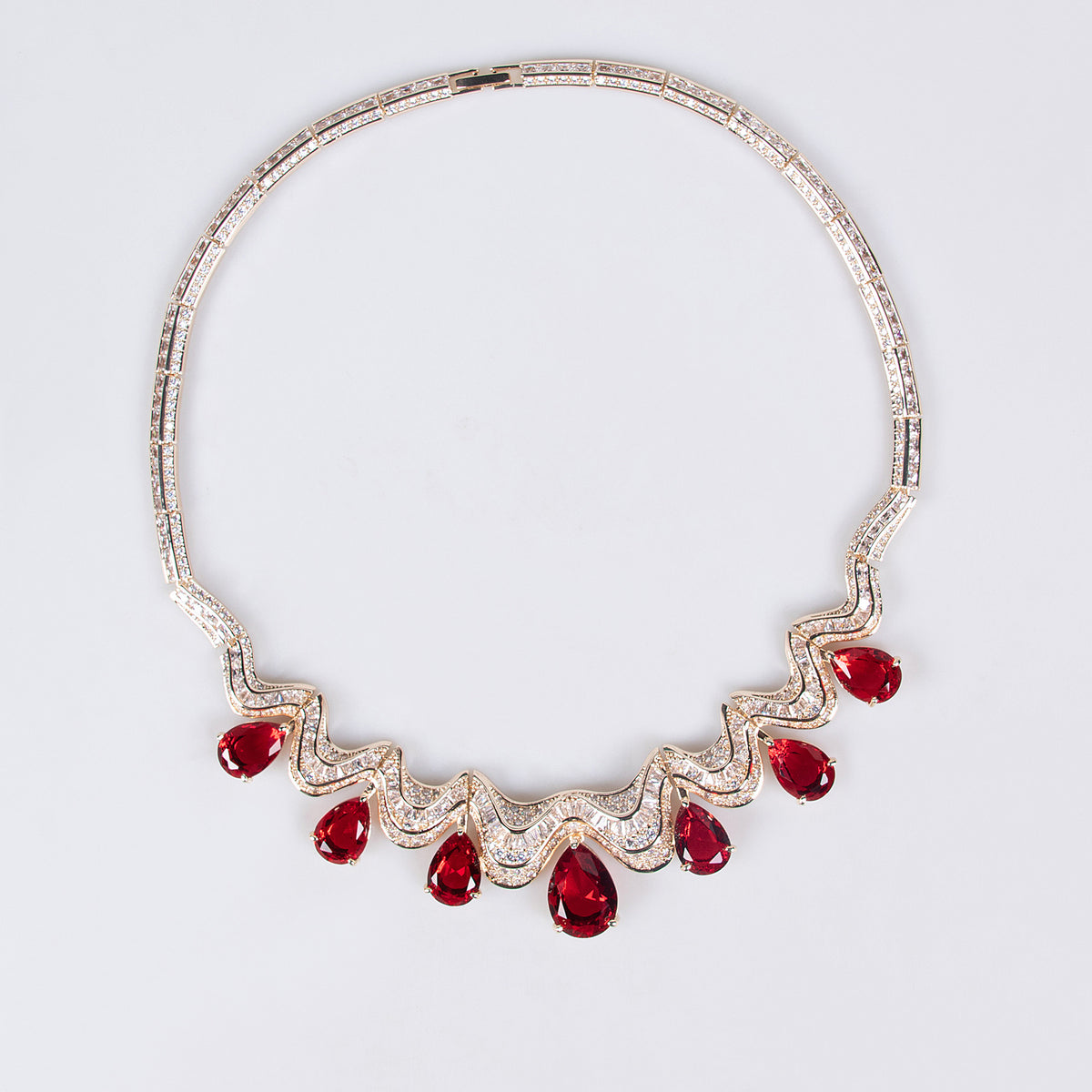 Yasmin wave teardrop bridal necklace laid flat