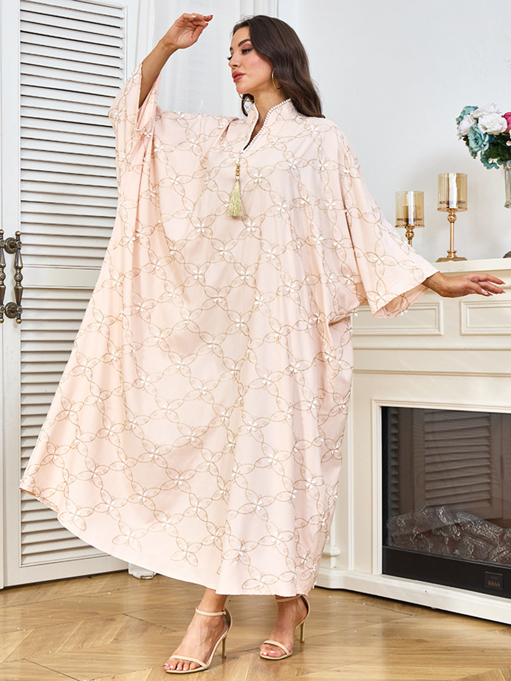 Noor Bloom Embroidered Kaftan — Butterfly Sleeve | All-Over Floral Embroidery | Gold Tassel