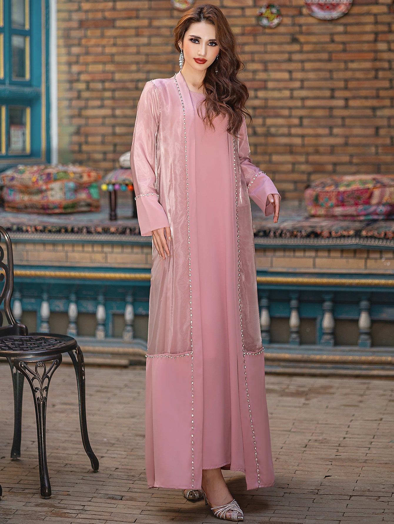 Layali Pearl Satin Abaya Set – Eid & Ramadan Modest Long Dress (LXG8)