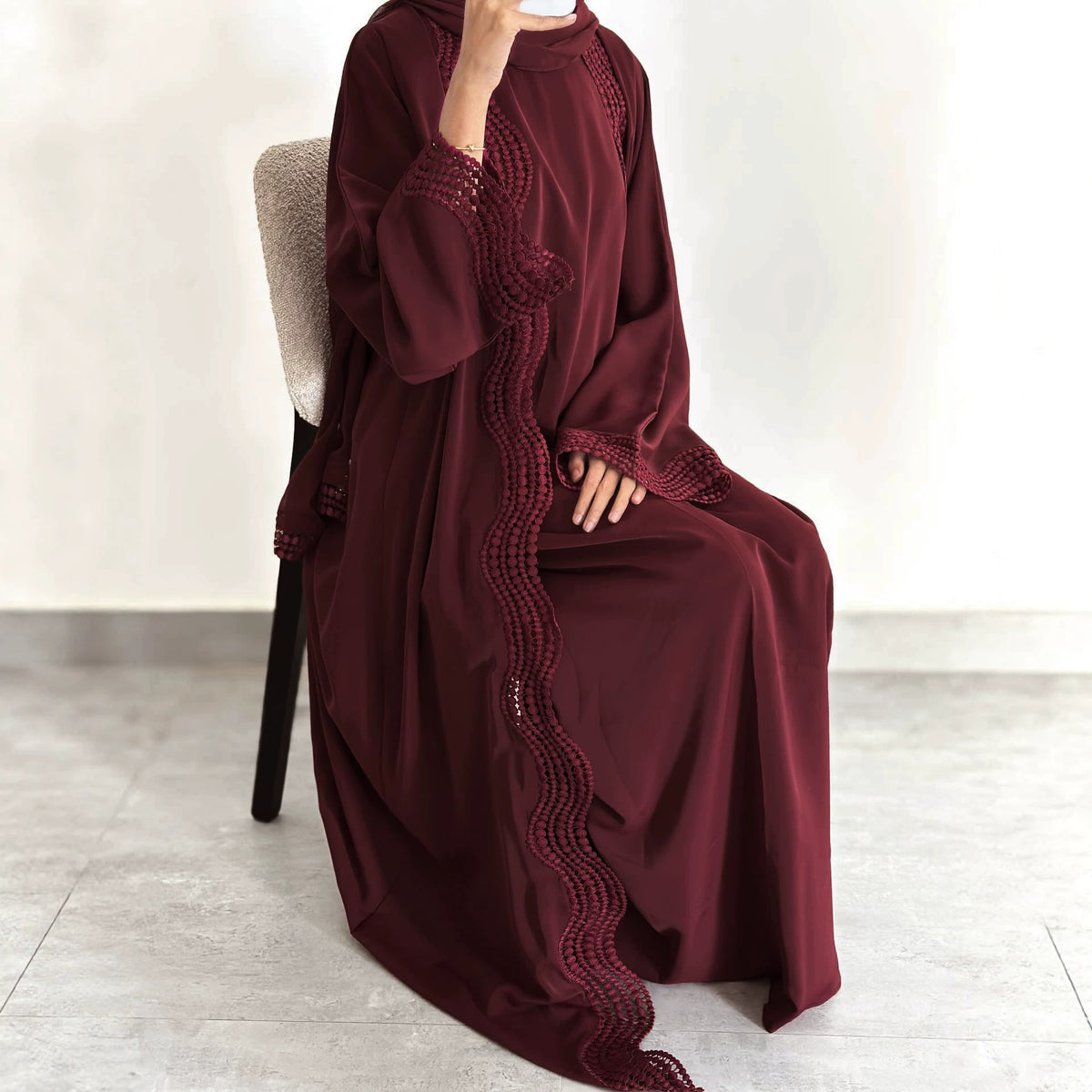 Noura wave lace open abaya set in Wine