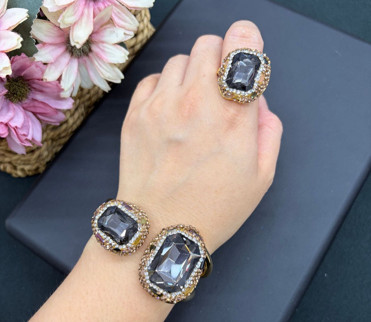 Crystal cuff bangle and ring set