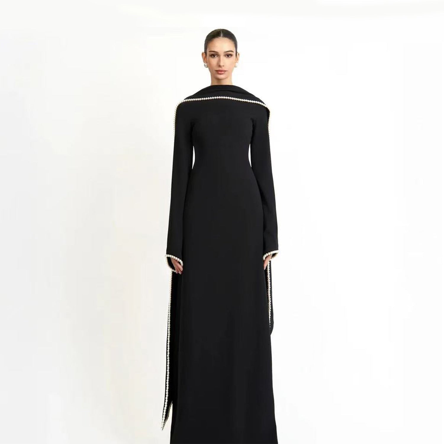 Pearl Trim Cape Abaya-Eid & Ramadan Modest Long Dress (LX089)