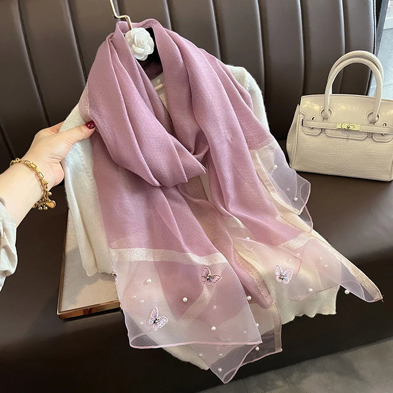 Luxury Silk Shawl Scarf- Butterfly Pearl Silk Scarf/Hijab Collection
