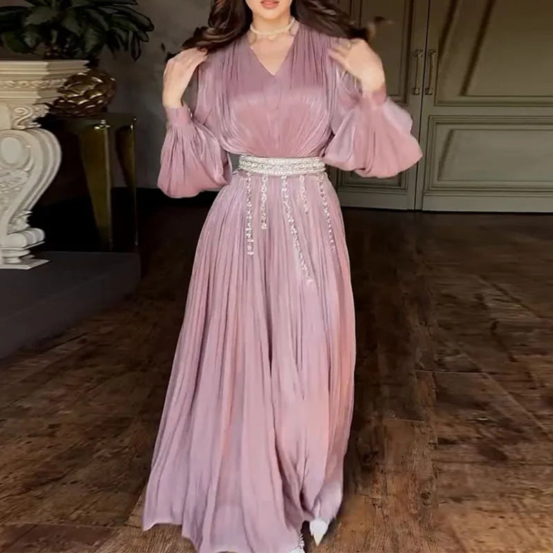 Mauve Crystal Pleated Abaya Dress with Lantern sleeves – Eid & Ramadan Modest Long Dress (LXL8)
