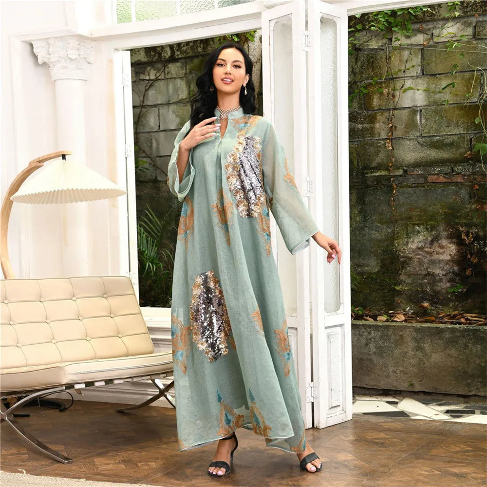 Majestic Sequin Elegance A-Line Abaya – Eid & Ramadan Modest Long Dress (LX07)