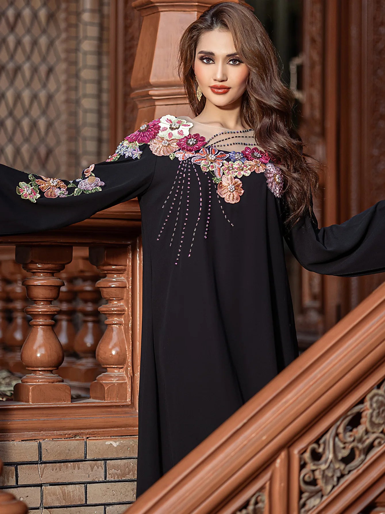 Floral Cascade Evening Abaya – Eid & Ramadan Modest Long Dress (LXF8)