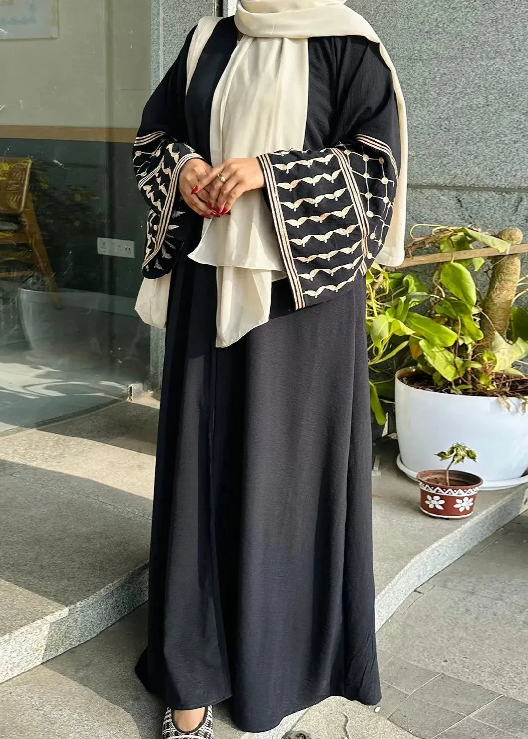 Palestinian Style Embroidered Elegance Open Abaya - Daily and Ramadan Modest Long Dress (D1)