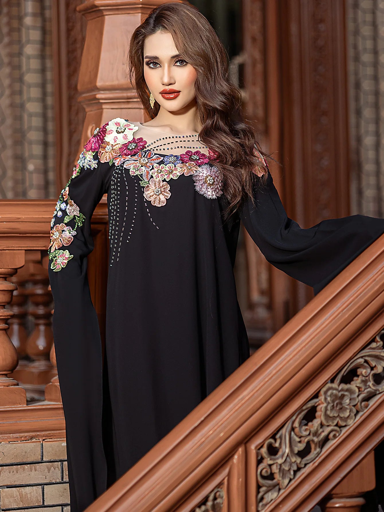 Floral Cascade Evening Abaya – Eid & Ramadan Modest Long Dress (LXF8)