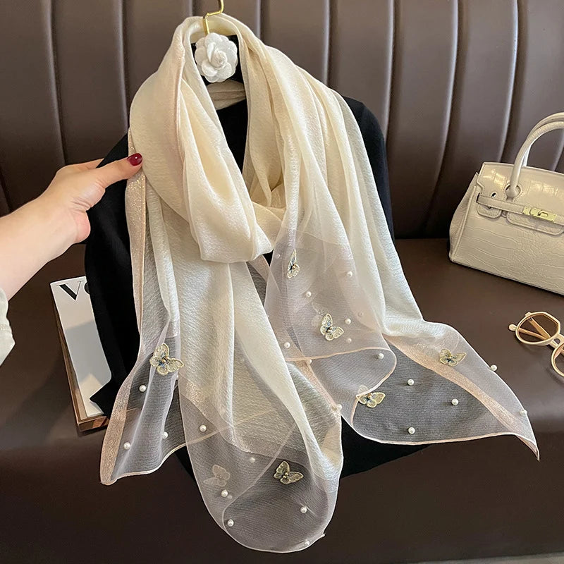 Luxury Silk Shawl Scarf- Butterfly Pearl Silk Scarf/Hijab Collection
